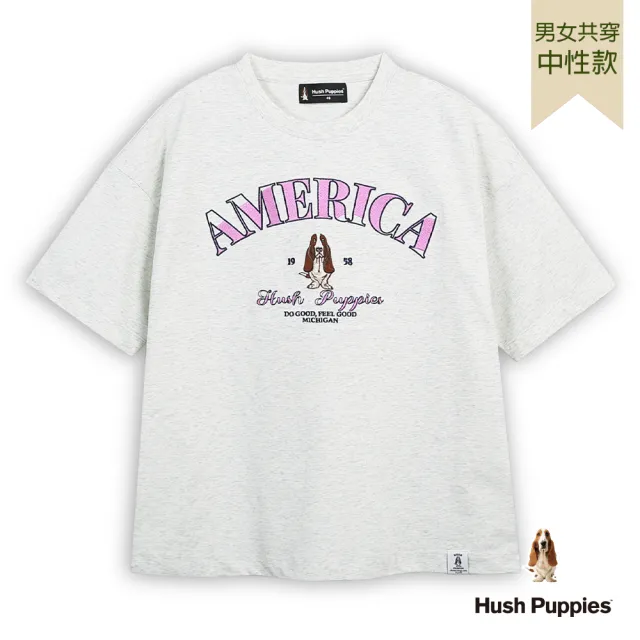 【Hush Puppies】男女共穿 T恤 涼感經典美式風刺繡狗寬版T恤 (麻灰 / 63211802)