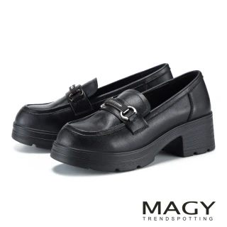 【MAGY】牛貼皮厚底金屬飾件時尚樂福鞋 黑色