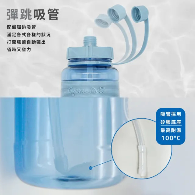 【GREEN BELL 綠貝】彈跳吸管運動太空水壺-附背帶1500ml2入組(耐摔 寬口 大容量 健身 環保 不含BPA)