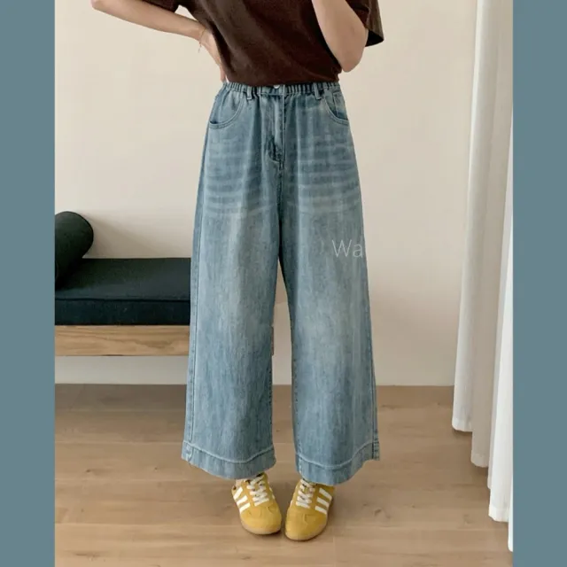 【Want-Meow】90公斤可穿/百搭9分寬褲鬆緊褲頭牛仔寬褲牛仔褲長褲(大碼/大尺碼/加大碼/牛仔寬褲)