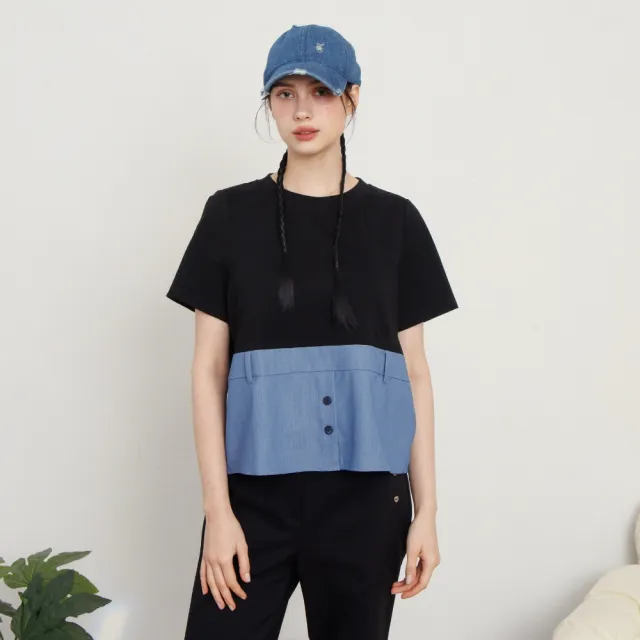 【MASTINA】圓領拼接牛仔下擺短袖T 黑 白(魅力商品)