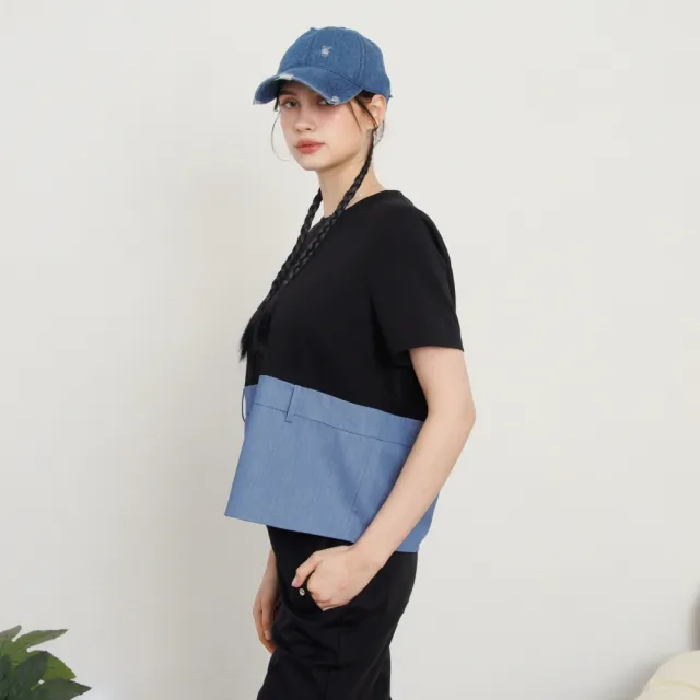 【MASTINA】圓領拼接牛仔下擺短袖T 黑 白(魅力商品)