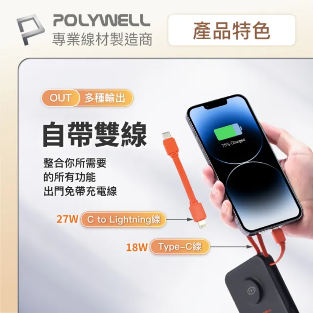 【POLYWELL】S016P01 多合一行動電源 10000mAh 磁吸充電+自帶線+USB-A+Type-C(USB-A/Type-C/無線充電)