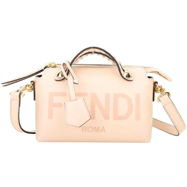 【FENDI 芬迪】By The Way Boston 展示品 字母牛皮縫線提把粉色迷你手提/斜背包-正提把皮裂痕