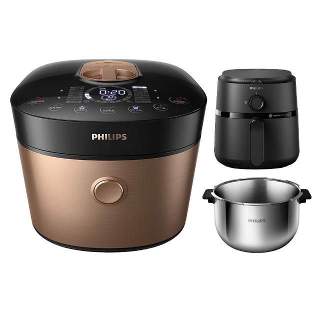  PHILIPS 飛利浦 HD2195 電子鍋，專為大家庭設計的 10 人份容量電子鍋，金色系外觀時尚耐用。採用不粘塗層合金內鍋，易潔不沾鍋，附贈蒸架、飯勺、湯勺、量杯及食譜等多樣配件。功率 1200~1400W，110V/60Hz 適用臺灣電壓，尺寸 33.5x28.5x28.5cm，重量 10.15kg，產地中國，BSMI 認證 R3D904，享有 2 年保固。適合蒸煮飯菜，操作簡單，是現代家庭的理想廚房夥伴。 