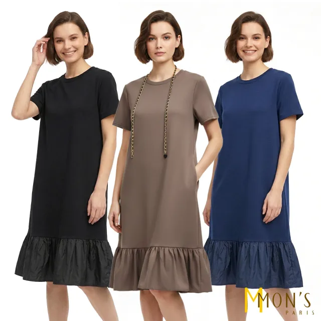 【MON’S】異素材拼接空氣棉洋裝(直)