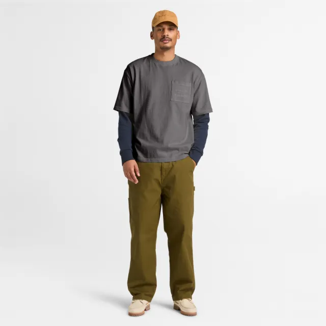 【Timberland】男款黑色厚磅寬版胸前口袋T恤(A5SMFW08)