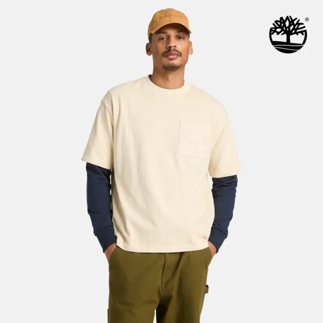 【Timberland】男款淺卡其色寬版厚磅胸前口袋T恤(A5SMF260)