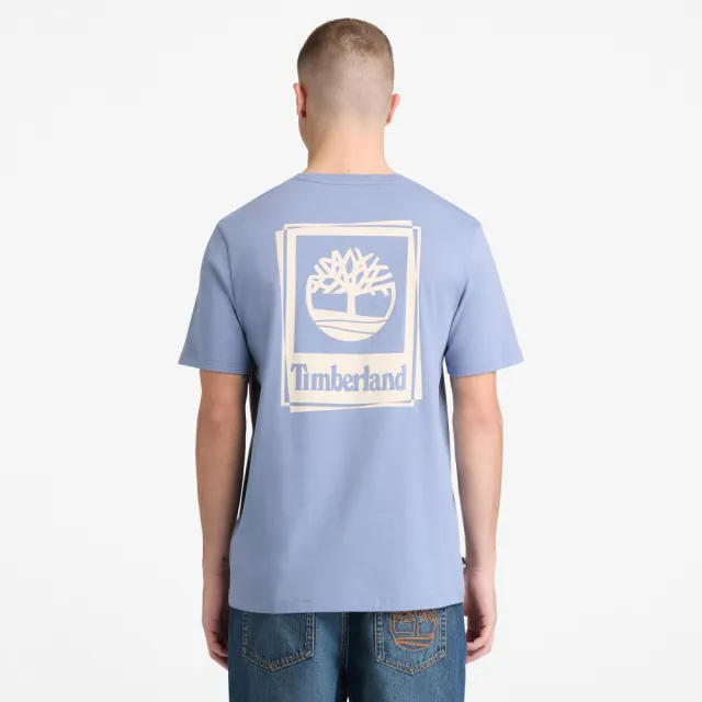 【Timberland】男款灰藍色方形LOGO圖案短袖T恤(A5S6PB88)