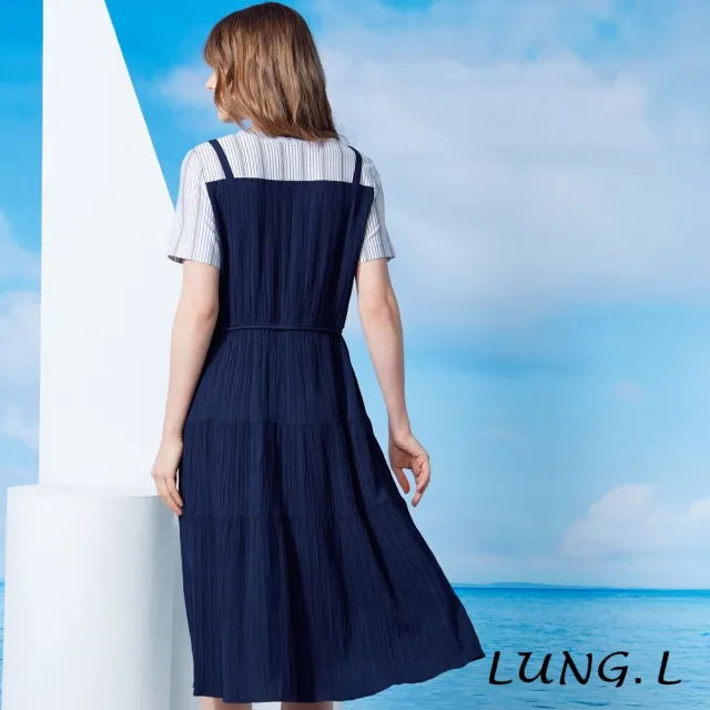 【LUNG.L 林佳樺】LU98H 藍色假兩件顯瘦收腰短袖洋裝
