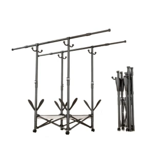 84-144CM家用雙桿可伸縮+網兜+鞋架+掛鉤掛衣架 折疊晾衣架 臥室陽臺落地式 免打孔曬衣架 掛衣架