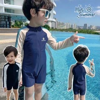 【TONYU 童嶼】男童連身防曬泳衣  附泳帽長袖泳裝 兒童泳衣防曬連身泳裝 玩水泡溫泉游泳