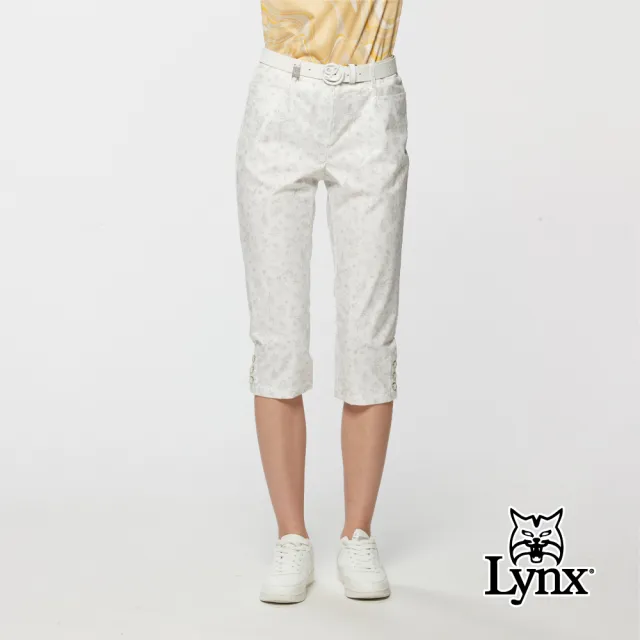 【Lynx Golf】女款吸濕排汗甜美花卉印花開杈鈕扣設計七分褲(二色)