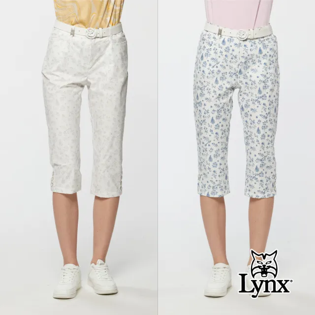 【Lynx Golf】女款吸濕排汗甜美花卉印花開杈鈕扣設計七分褲(二色)