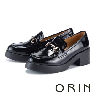 【ORIN】牛油皮金屬馬銜釦厚底樂福鞋 黑色
