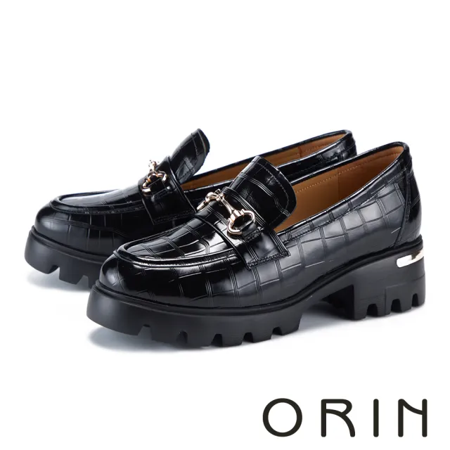 【ORIN】經典馬銜釦牛油皮壓紋厚底樂福鞋 黑色