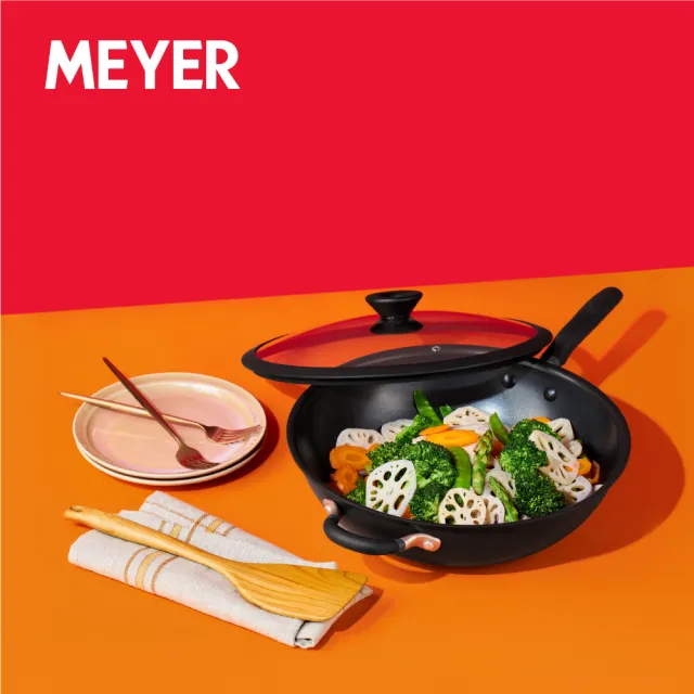【MEYER 美亞】Accent微金亞光黑-陽極氧化32cm不沾鍋炒鍋含蓋(IH/電磁爐適用)