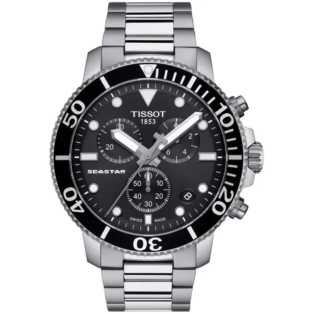 【TISSOT 天梭】Seastar 1000 海洋之星黑水鬼300米潛水三眼計時石英錶-45.5mm 父親節 送禮(T1204171105100)