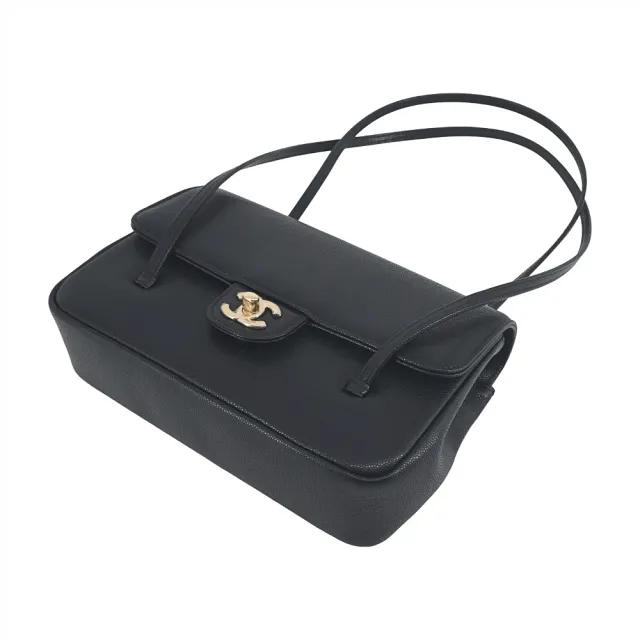 【CHANEL 香奈兒】Preppy coco翻蓋牛皮法棍包(黑/金)