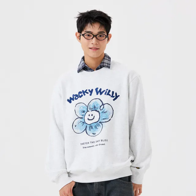 【Wacky WiLLY】官方旗艦館 大LILY圖案大學T(UNI圓領上衣  淺灰/海軍藍/綠色)