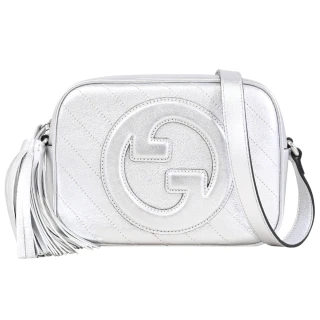 【GUCCI 古馳】Blondie GG 經典雙G LOGO車線流蘇相機包斜背包 20cm(銀)