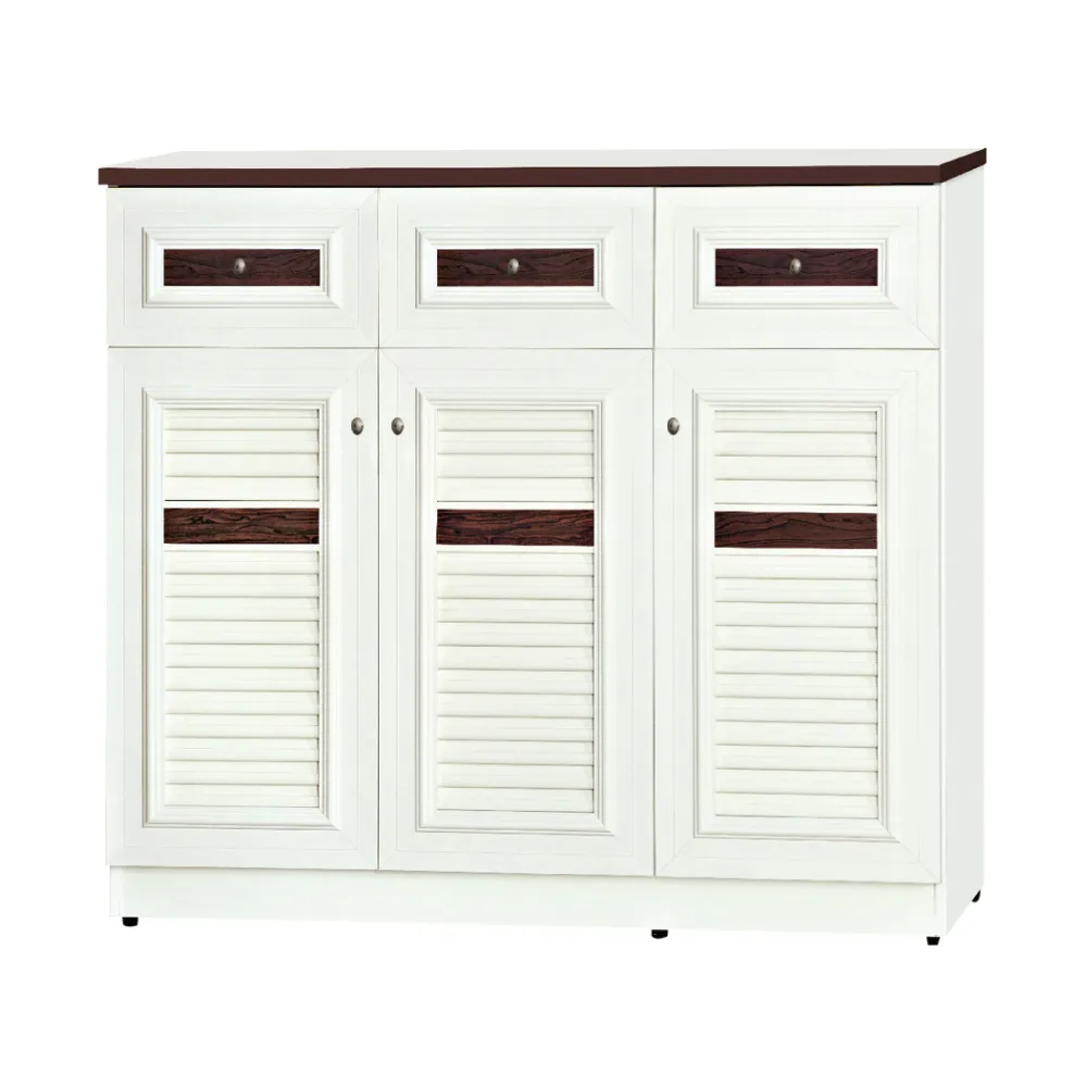 【文創集】南亞塑鋼  芬蘭4尺三開門三抽百葉系列鞋櫃(6色可選+時尚霧銀色橢圓形把手)