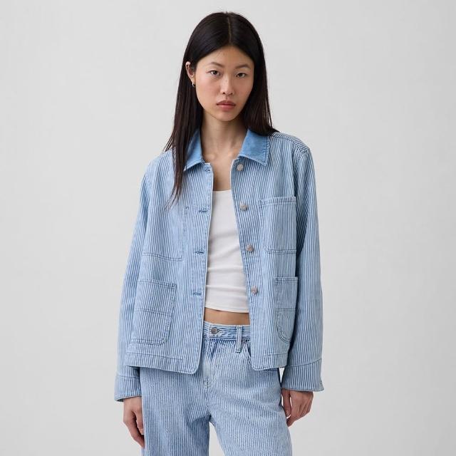 【GAP】牛仔條紋工裝外套-藍白條紋(877834)