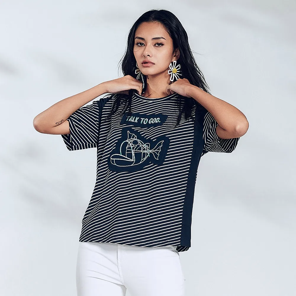 【ICHE 衣哲】Cop.Copine Cop.Copine 法國原裝進口拼接條紋印花刺繡造型上衣