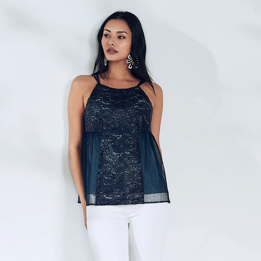 【ICHE 衣哲】Cop.Copine 法國原裝進口深藍蕾絲拼紗性感背心上衣