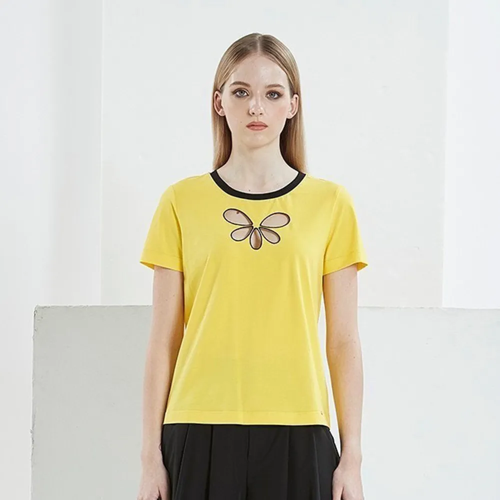 【ICHE 衣哲】Cop.Copine 法國原裝進口黃色鏤空圖騰圓領上衣