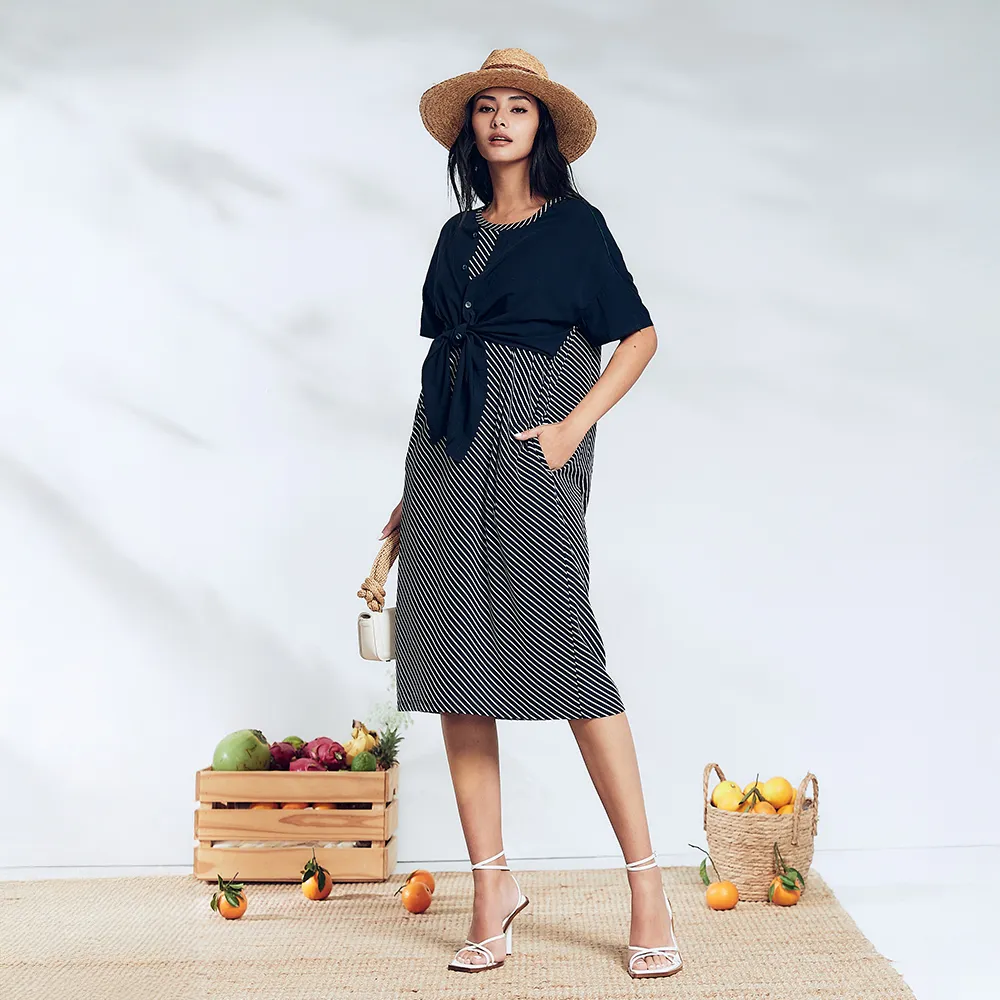 【ICHE 衣哲】Cop.Copine 假兩件拼接．條紋印花長版造型洋裝