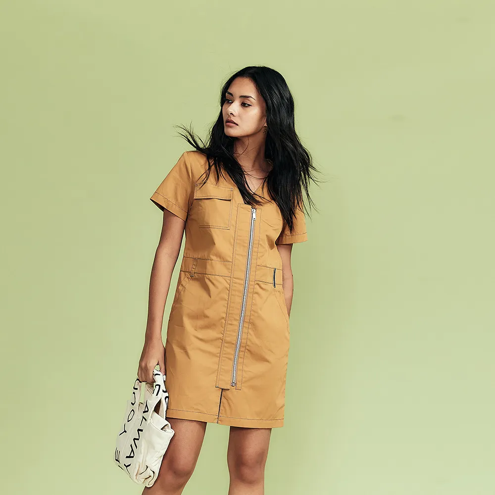 【ICHE 衣哲】Cop.Copine 法國原裝進口焦糖色拉鍊連身洋裝