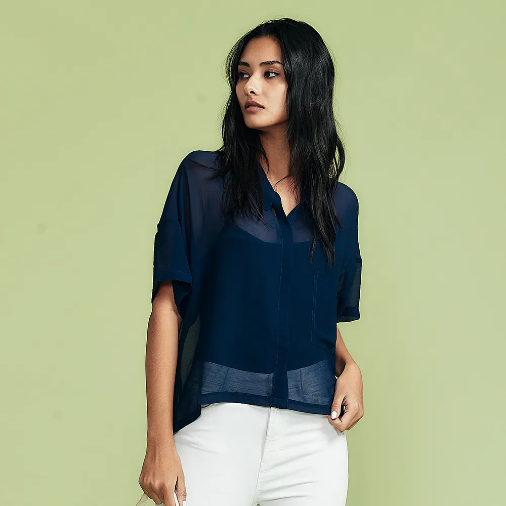 【ICHE 衣哲】Cop.Copine 輕時尚．透視感紡紗襯膚短袖襯衫造型上衣