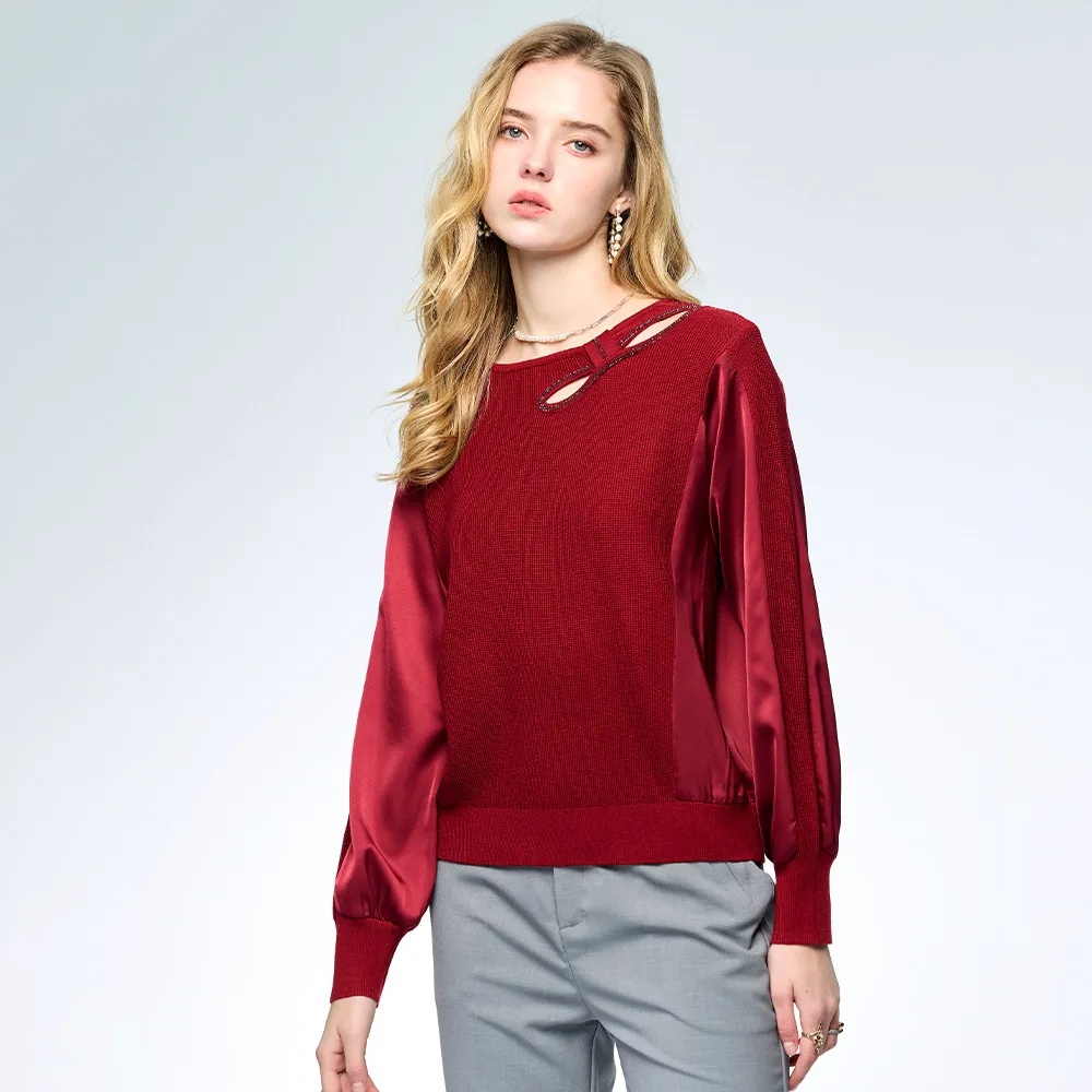 【MON’S】蝴蝶結鑽領拼接針織上衣(直)