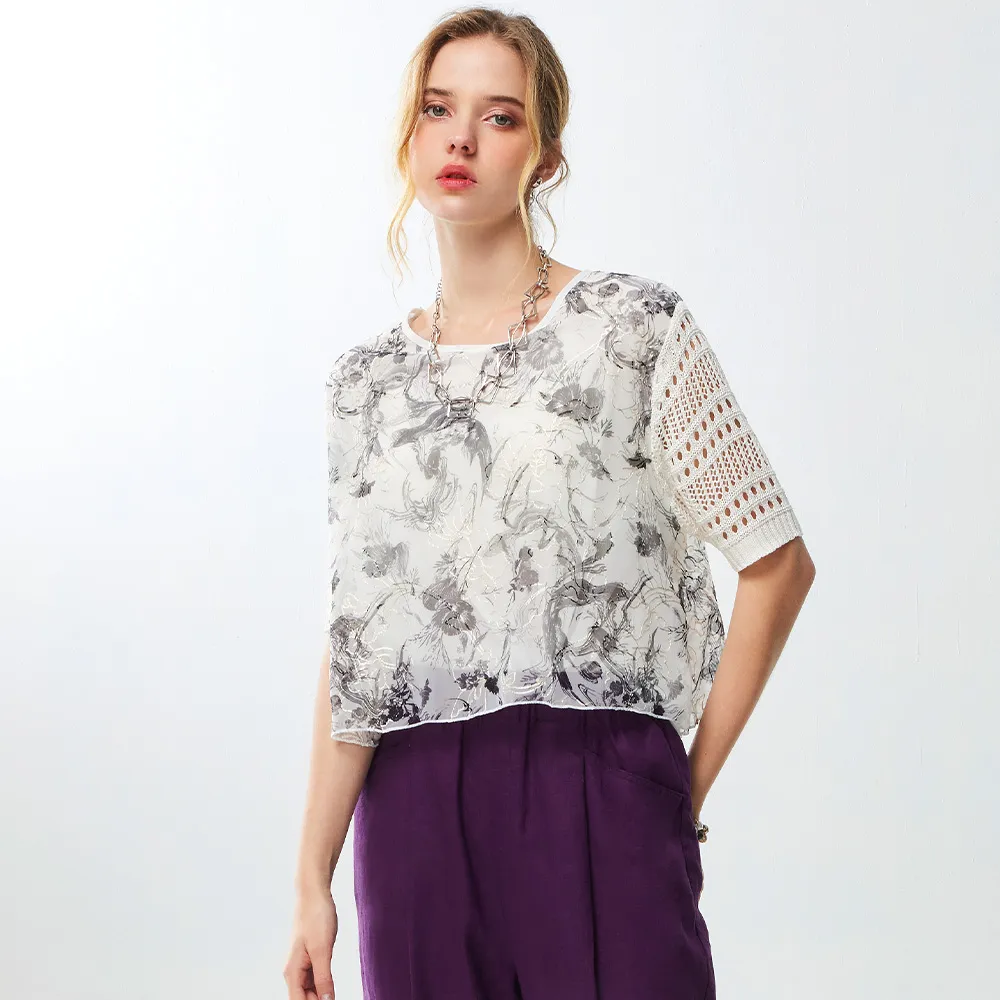 【MON’S】唯美簍空袖拼接造型上衣(直)