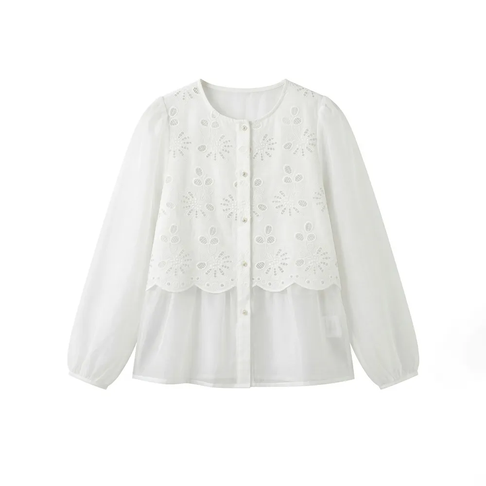 【MON’S】鏤空蕾絲刺繡拼接上衣(直)