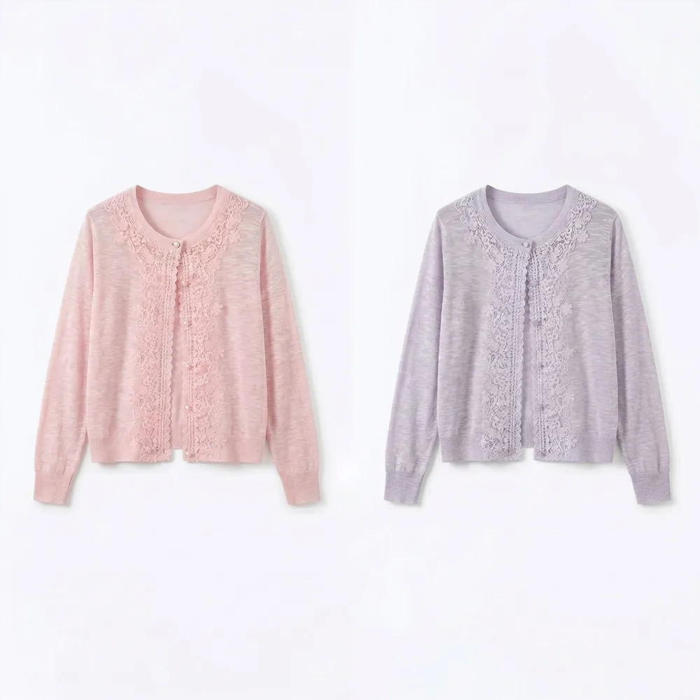 【MON’S】圓領亞麻鏤空勾花蕾絲防曬外套(直)