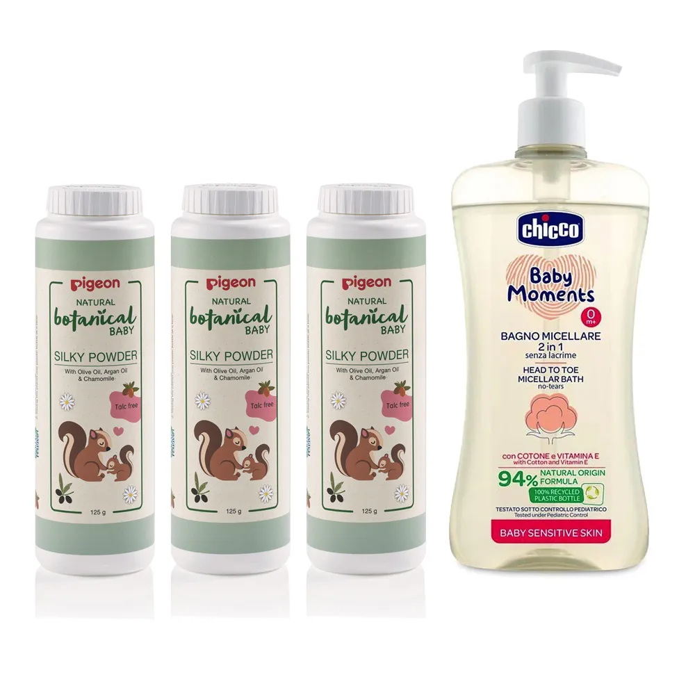 【Pigeon 貝親】洋甘菊爽身粉125gx3罐+Chicco敏弱肌寶貝嬰兒微米淨化洗髮/沐浴露500ml(清潔衛生 低敏 草本)