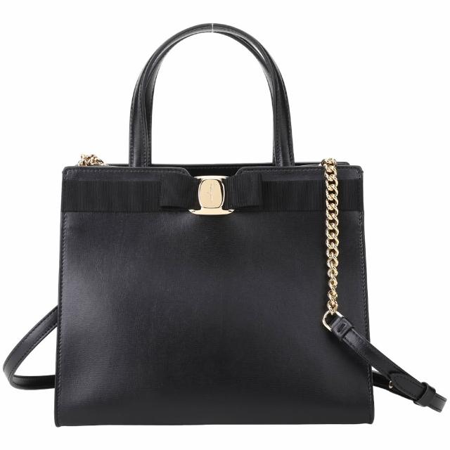 【Salvatore Ferragamo】VARA 中款 羅緞蝴蝶結飾牛皮斜背 手提包-黑色