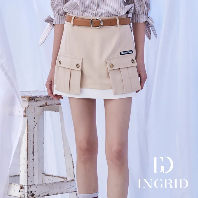 【IGD 英格麗】實體同步款-個性工裝風雙色短裙-杏色