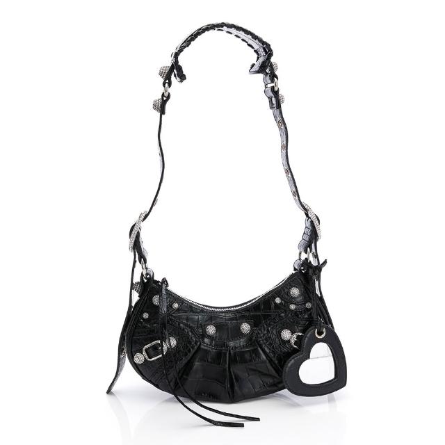 【Balenciaga 巴黎世家】Le Cagole XS柔軟小牛皮水鑽單肩包(黑鱷魚壓紋)