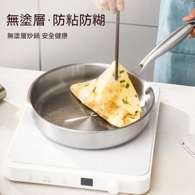 【銘利萊】304不鏽鋼平底鍋 無塗層煎鍋 加厚五層鋼炒菜鍋 直徑30cm不粘鍋 無鉚釘帶蓋款