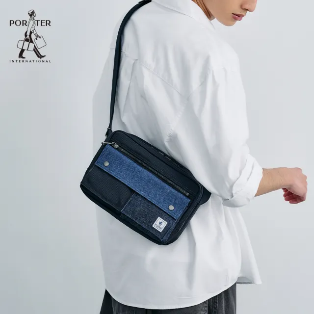 【PORTER INTERNATIONAL】牛仔拼接PATCH WORK雙層斜背包-S(深藍色)