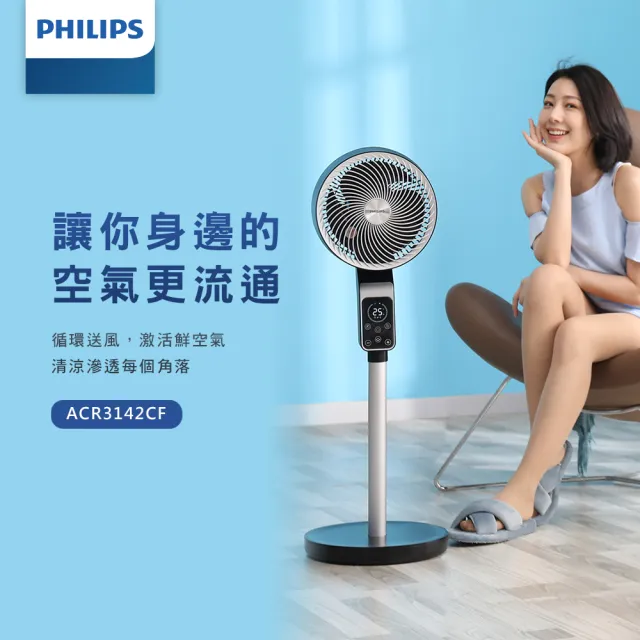 【Philips 飛利浦】1+1超值組 9吋 直立式DC渦流定時循環扇+透明美學行充(ACR3142CF+DLP5715)
