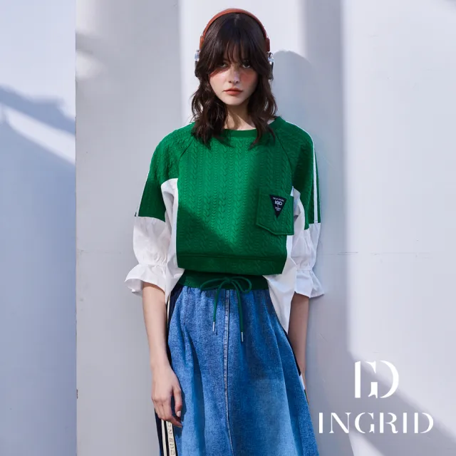 【IGD 英格麗】實體同步款-立體針織感壓紋拼接荷葉袖上衣-綠色