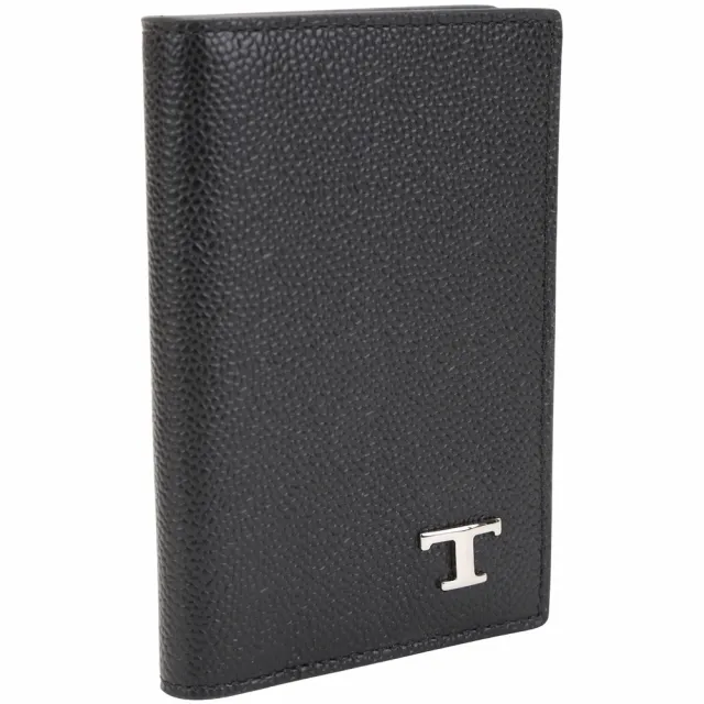 【TOD’S】TODS Timeless T字金屬荔紋牛皮直式卡片套-黑色(義大利手工皮革)