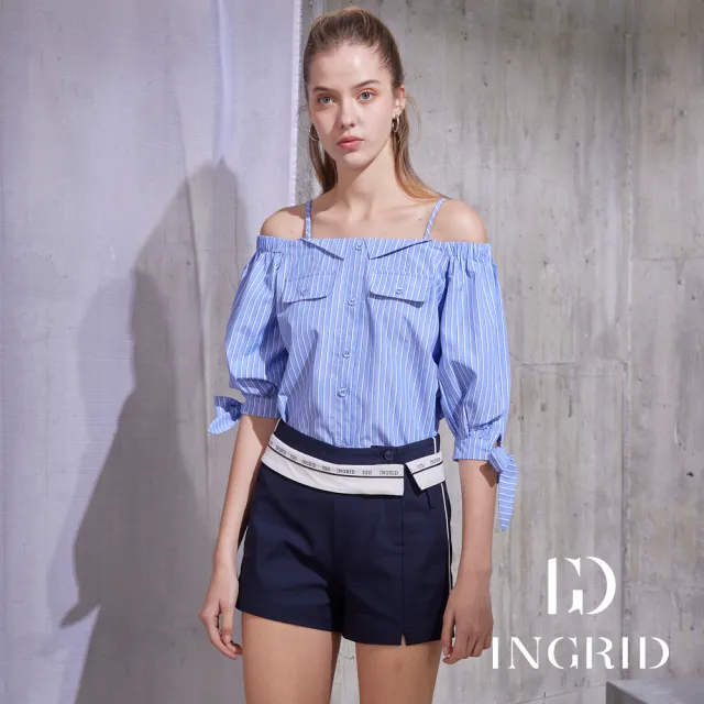 【IGD 英格麗】實體同步款-簡約條紋露肩綁結襯衫上衣-藍色