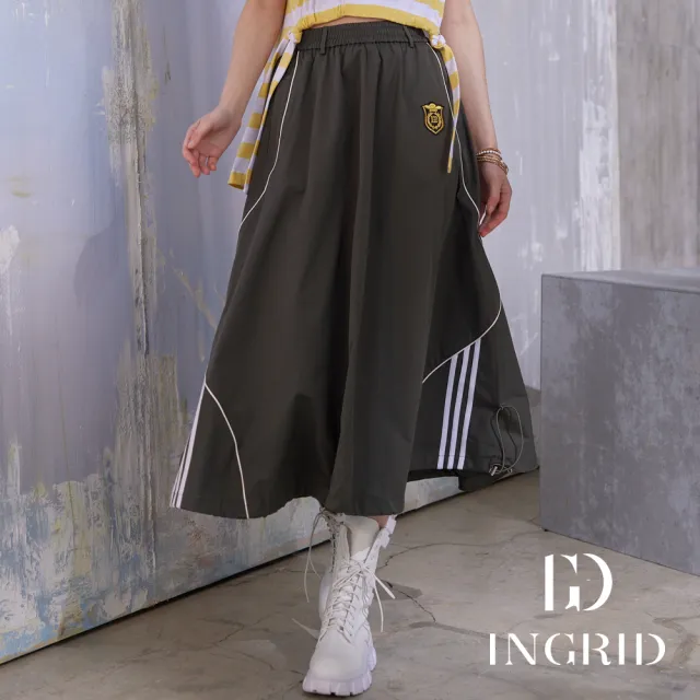 【IGD 英格麗】實體同步款-運動風徽章抽繩長裙-綠色