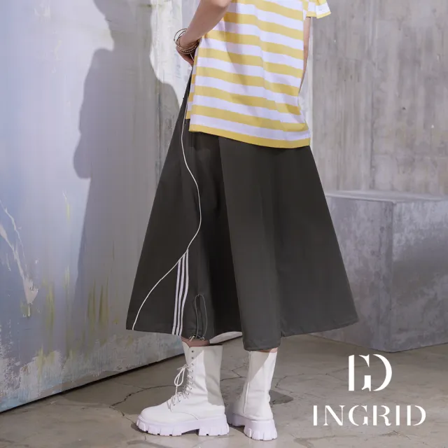 【IGD 英格麗】實體同步款-運動風徽章抽繩長裙-綠色