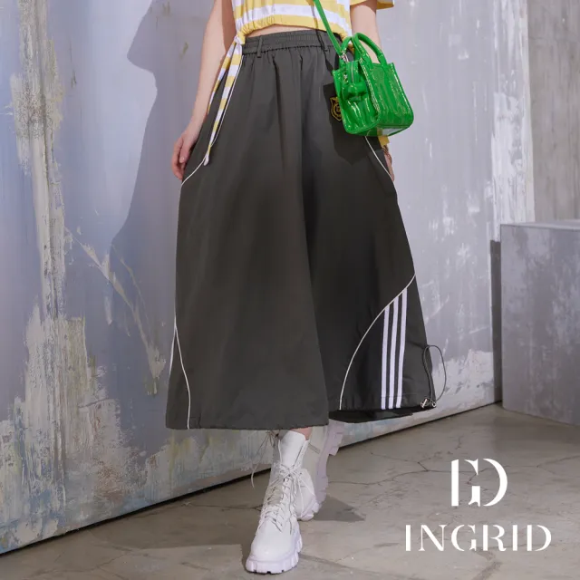 【IGD 英格麗】實體同步款-運動風徽章抽繩長裙-綠色